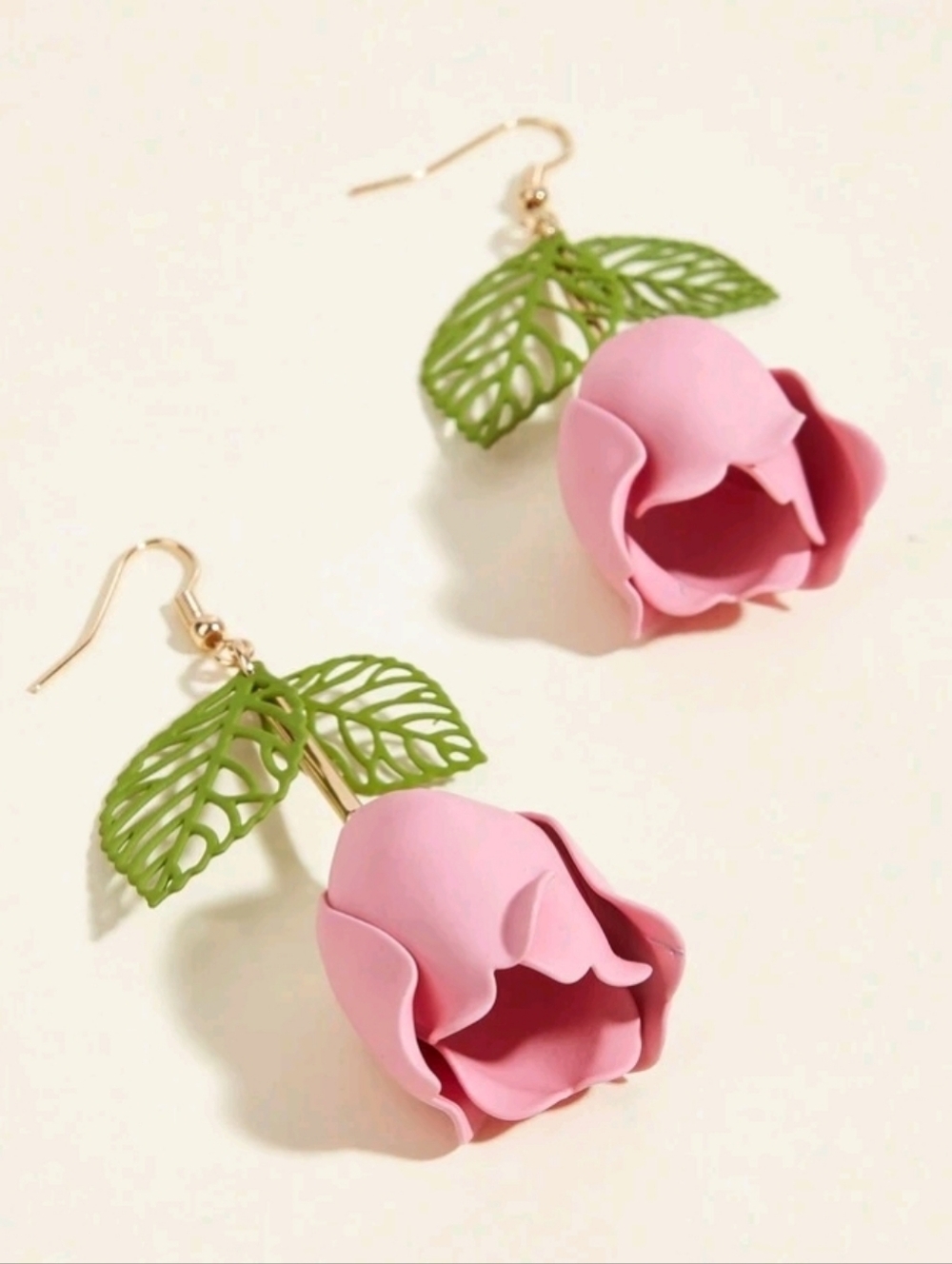 NEW! Gold Pink Rose Dangle Drop Hook Earrings with Green Leaves - Women Jewelry